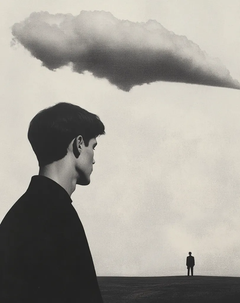 A monochromatic photograph depicts a young man in profile, a large cloud seemingly hovering above his head.  He gazes towards a distant, solitary figure standing on a flat expanse.  The overall mood is contemplative and somewhat surreal, suggesting themes of isolation, introspection, and the weight of unseen forces. The contrast between the close-up figure and the distant one emphasizes a sense of distance and separation.