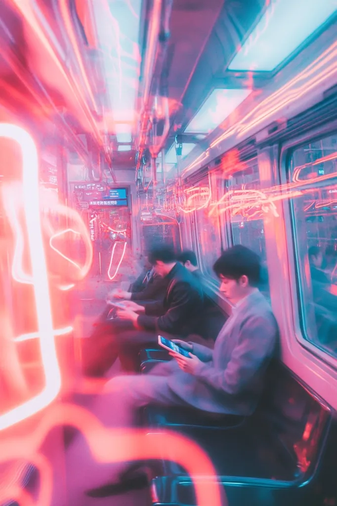 Three young men sit on a subway car, bathed in vibrant neon light.  The blurred motion suggests the train is moving rapidly.  Pink and blue hues dominate the scene, creating a surreal and atmospheric image.  One man holds a tablet, while the others appear engrossed in their own activities.  The overall effect is a dynamic, stylish portrayal of urban transit.