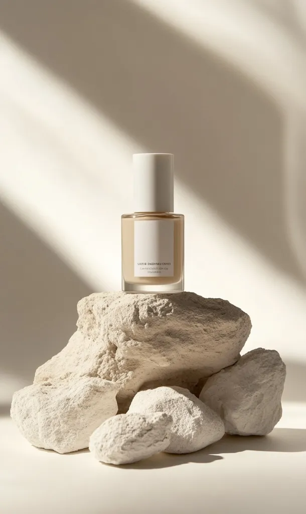 A bottle of light beige liquid foundation sits atop a cluster of pale, rough-textured rocks.  The bottle is minimalist, with a white cap and a simple label. Soft, natural light creates shadows across the scene, emphasizing the product and its natural, earthy setting. The overall aesthetic is clean, modern, and subtly luxurious.