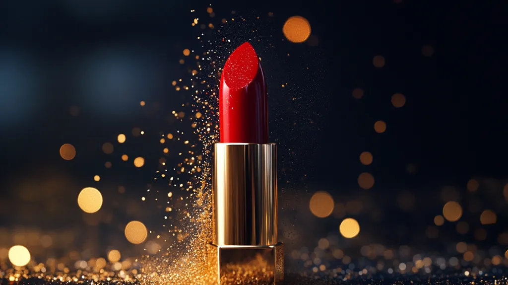 A single tube of vibrant red lipstick stands against a dark background sprinkled with gold glitter.  The gold casing of the lipstick contrasts beautifully with the rich red of the product.  The bokeh effect creates a luxurious and glamorous ambiance, suggesting elegance and sophistication.  Gold sparkles appear to be floating around the lipstick, adding to the overall opulent feel.