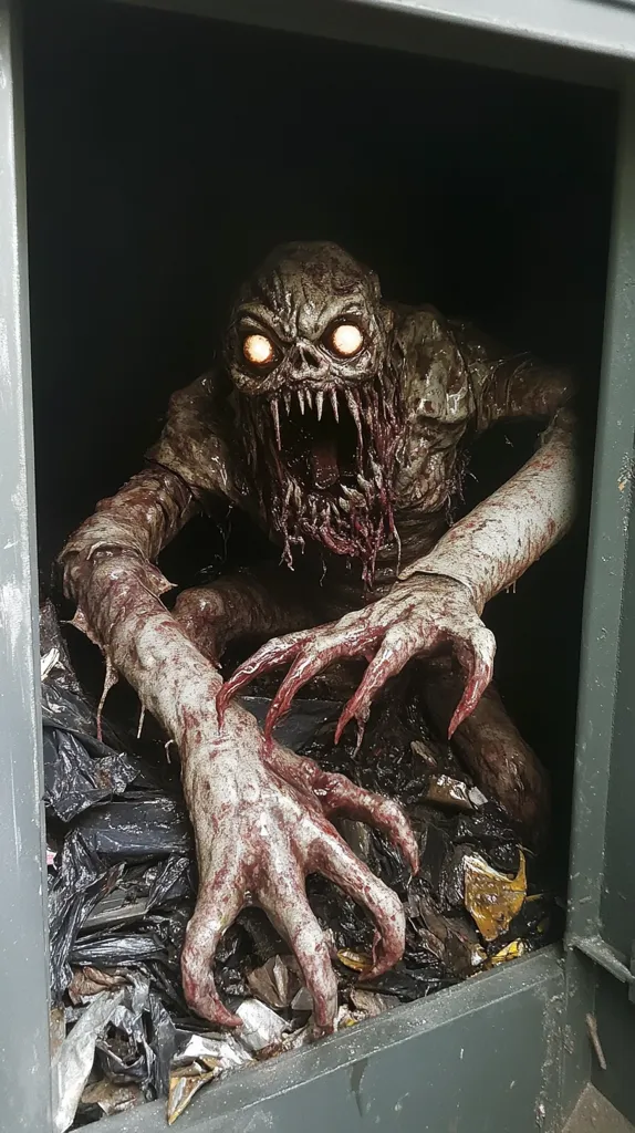 A horrifying creature, seemingly made of decaying flesh and with glowing eyes, emerges from a dumpster.  Its clawed hands reach out from the overflowing trash. The creature's grotesque features and menacing posture create a chilling image of horror.  The dark, metallic interior of the dumpster adds to the overall sense of dread.