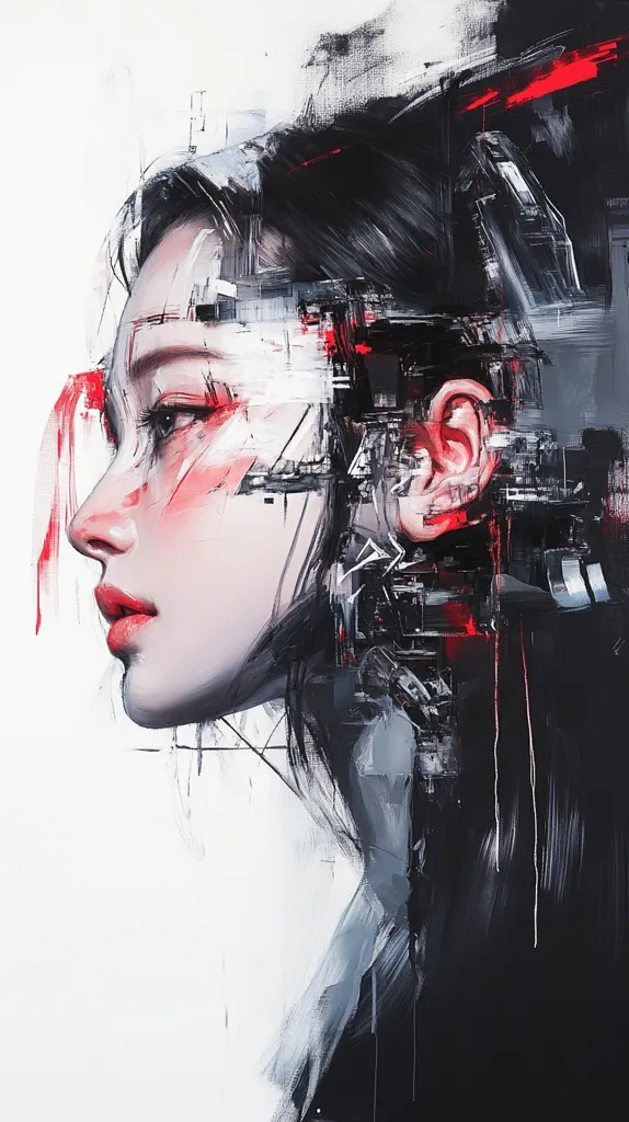 A stylized portrait of a woman's profile, rendered in a dynamic interplay of black, white, and crimson.  Abstract brushstrokes and fragmented shapes overlay the figure, suggesting a blend of realism and digital artistry. The style is expressionistic, with strong contrasts and a focus on capturing emotion and movement rather than precise detail.  The overall effect is both striking and evocative.