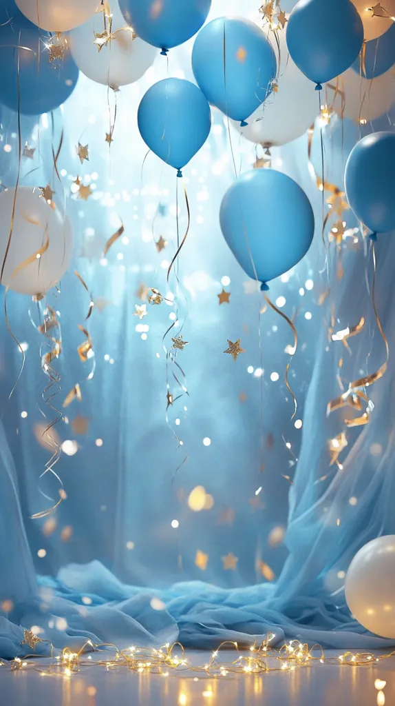 A dreamy, ethereal backdrop features numerous pastel blue and white balloons floating against a light blue sheer fabric.  Gold star confetti and ribbons cascade down, adding to the festive atmosphere.  Small, warm-toned fairy lights are scattered on the floor, completing the magical, celebratory scene.