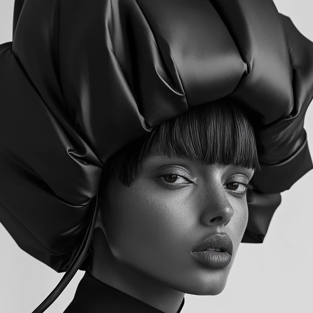 A black and white close-up portrait of a woman. She is wearing a large, puffy, black hat that covers most of her head. Her hair is styled in a short, blunt bob with bangs.  Her expression is serious and her skin is subtly textured. The image is stylish and dramatic, focusing on the contrast between the hat and the model's face.