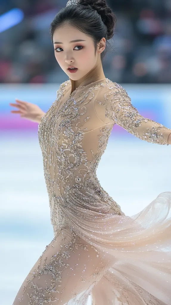 A young woman, possibly a figure skater, is captured in a stunning, close-up shot. She's elegantly dressed in a sheer, nude-toned gown adorned with intricate silver embellishments. Her dark hair is styled in an updo, and her makeup is subtly dramatic. The blurred background suggests an ice rink setting, adding to the overall ethereal atmosphere of the image.  Her pose hints at movement and grace.