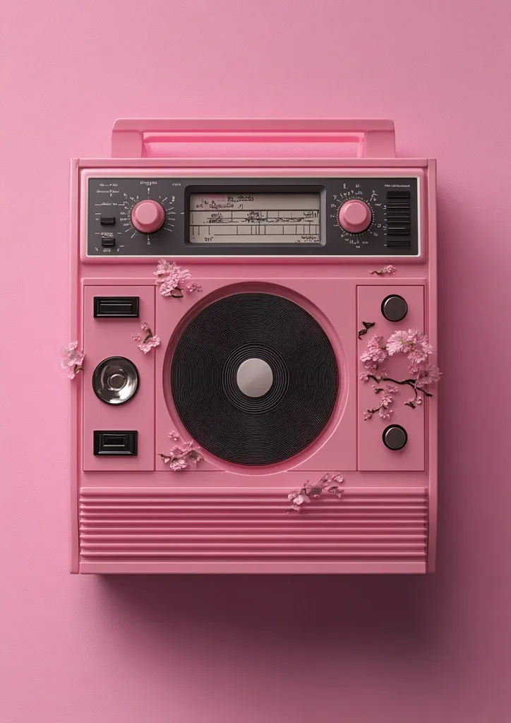 A vintage-style pink radio sits against a matching pink background.  Delicate pink blossoms adorn the radio's sides. The radio features a classic design with a circular speaker and analog tuning dials.  The overall aesthetic is soft, feminine, and nostalgic, evoking a sense of calm and retro charm.