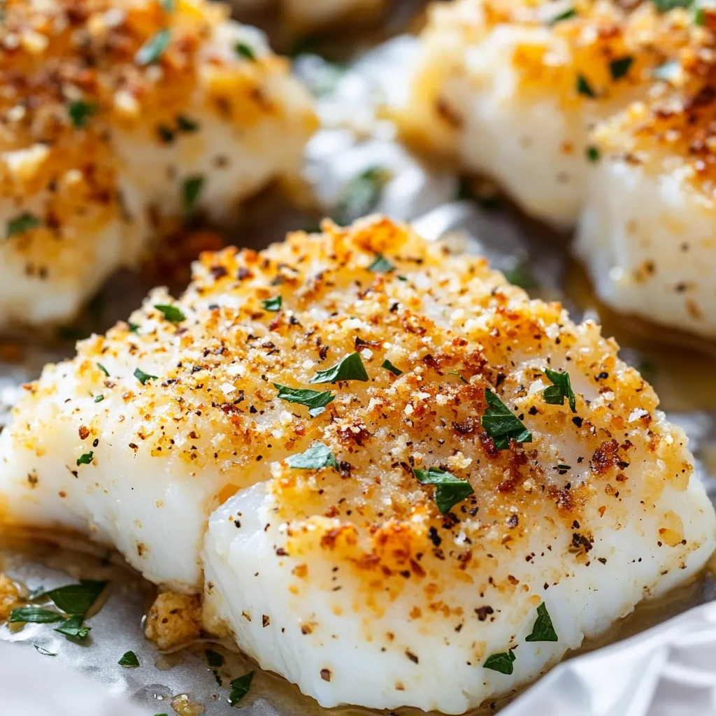 Close-up view of several pieces of baked cod, coated in a golden-brown breadcrumb topping and garnished with fresh parsley.  The fish appears flaky and moist, resting on parchment paper.  The image highlights the crispy texture of the breadcrumb crust and the creamy white flesh of the cod.  The overall impression is of a delicious and easy-to-prepare meal.