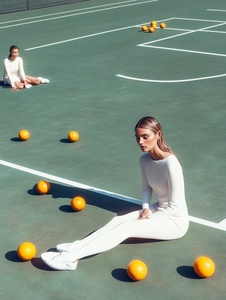 Two women in white outfits sit on a green tennis court, scattered with oranges.  One woman sits alone, legs stretched out, while another sits closer to the net.  The sun casts shadows, creating a minimalist, serene atmosphere. The overall scene is stylish and subtly evocative.
