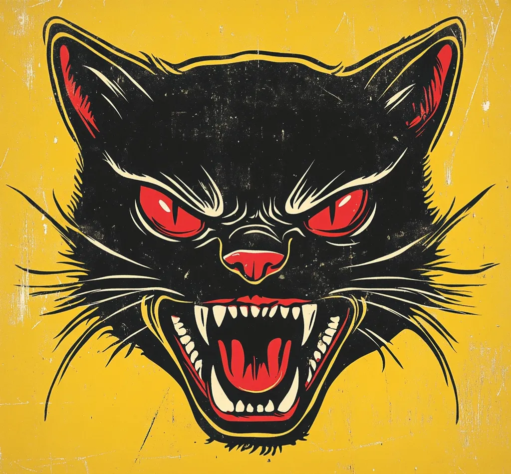 A stylized illustration of a black cat's head against a yellow background. The cat has glowing red eyes and a ferocious, open-mouthed expression, revealing sharp teeth. The style is reminiscent of vintage tattoo art or a classic poster design, with a distressed texture adding to its retro feel.  The image is bold and striking, conveying a sense of aggression and power.