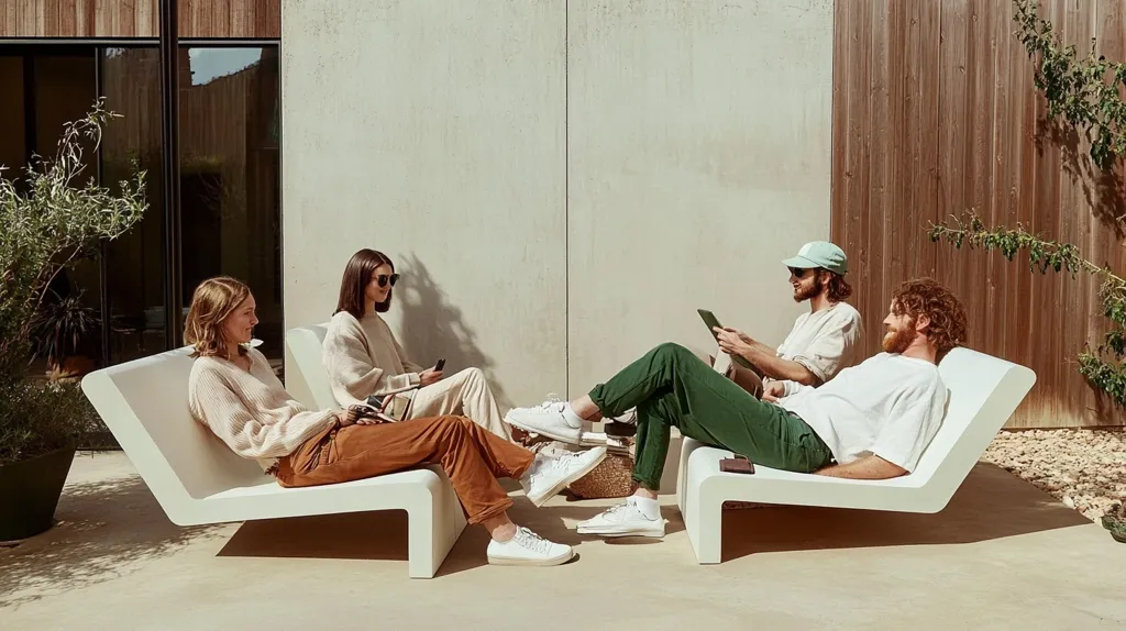 Four young adults relax on modern, off-white chaise lounges in a sun-drenched outdoor patio.  Two women sit on one lounge, one using a phone, the other looking away.  Two men recline on another, one reading a tablet, the other resting. The scene is stylish and minimalist, with a muted color palette and clean lines.  The background features a modern building with wood and concrete accents.