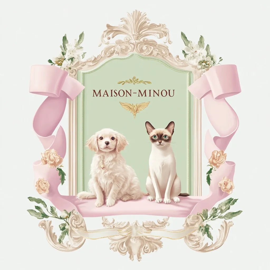 An elegant illustration features a cream-colored puppy and a Siamese cat sitting side-by-side on a pink cushion.  They are framed by a pastel green, ornate, Rococo-style emblem with pink ribbons and floral accents.  The words "MAISON-MINOU" are prominently displayed at the top of the emblem. The overall aesthetic is sophisticated and charming, suggesting a brand or logo for a pet-related business.
