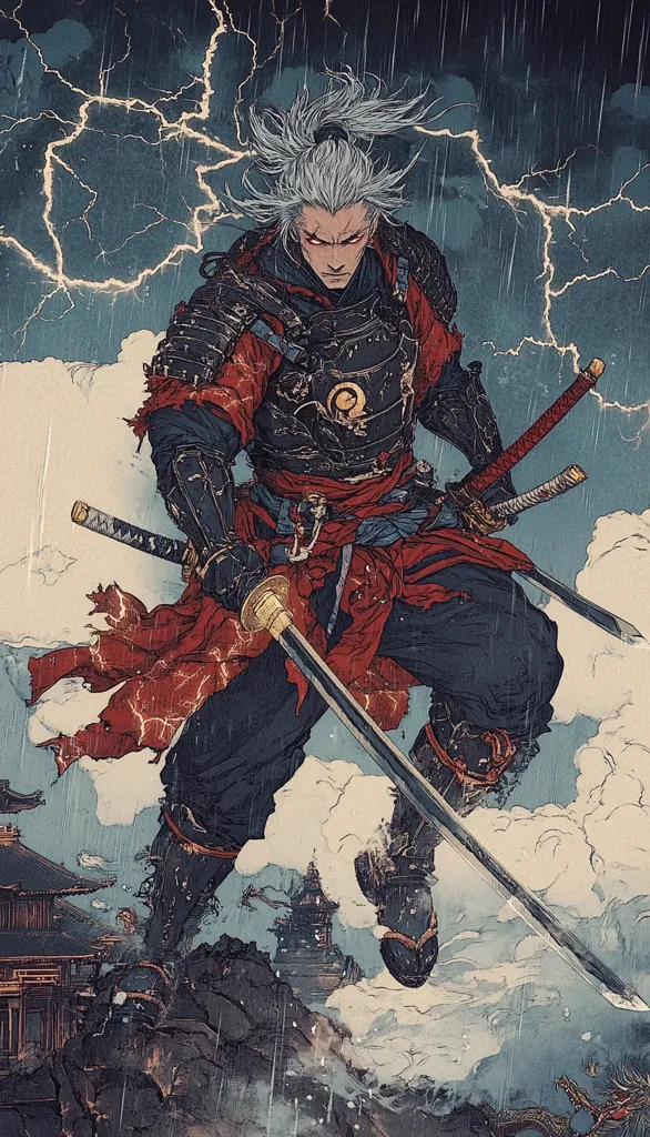 A fierce samurai, with long silver hair and piercing red eyes, stands amidst a raging storm.  Clad in dark armor accented with crimson, he wields two katanas, one held aloft.  Lightning flashes illuminate the scene as he appears to descend upon a distant landscape of buildings and rocky terrain. The art style is dynamic, blending traditional Japanese aesthetics with a modern illustrative approach.