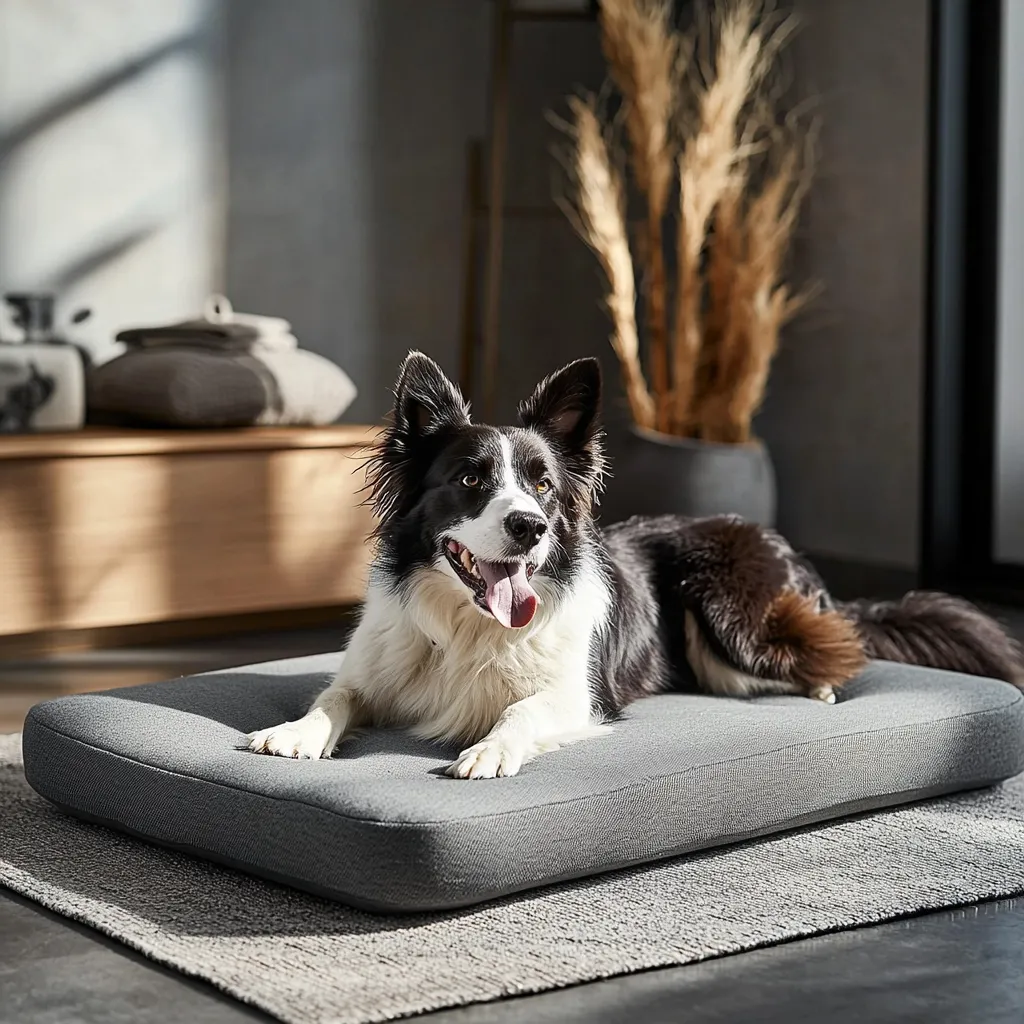 A black and white Border Collie lies contentedly on a gray rectangular dog bed. The bed is low to the ground and appears comfortable. The dog is relaxed and looks directly at the camera, its tongue slightly out. The background features a modern living room with muted colors and natural elements.  Sunlight streams in, illuminating the scene.