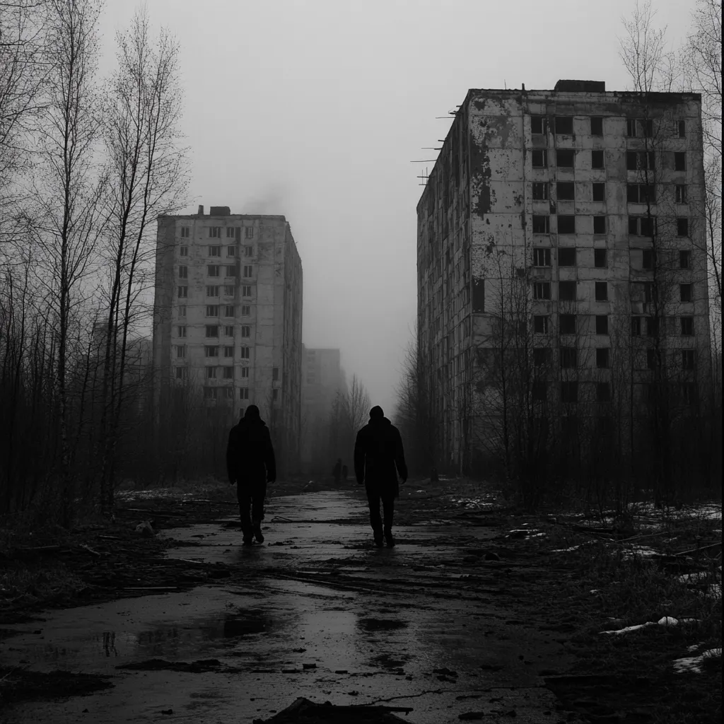 Two figures walk away from the viewer down a desolate road between two dilapidated, multi-story buildings. The scene is monochrome, with a foggy atmosphere and bare trees surrounding the buildings.  The buildings appear abandoned and decaying, conveying a sense of post-apocalyptic bleakness.  The overall mood is somber and ominous.