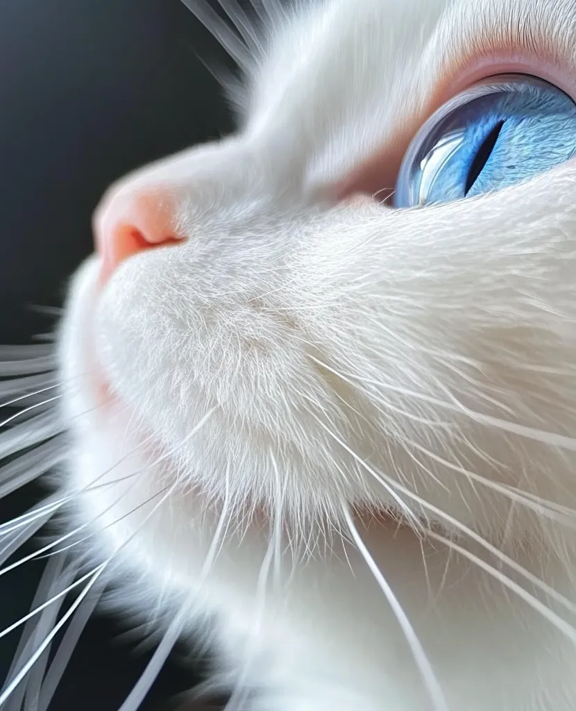 Close-up profile view of a white cat's face.  Its vibrant blue eye is striking against the pure white fur.  Long, delicate whiskers extend from its muzzle, adding to the image's softness. The cat's pink nose is subtly visible, completing the serene and captivating portrait. The background is dark, emphasizing the cat's features.