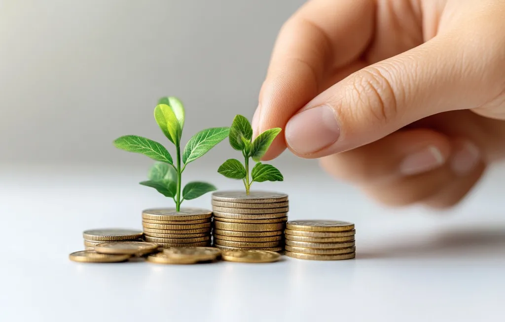 A hand gently places a small green plant on a stack of coins.  Two other plants sprout from similar stacks, symbolizing growth and financial investment.  The image represents concepts of wealth, saving, and the potential for returns on investment, depicting a flourishing financial future.  The scene is clean and minimalist, with a focus on the plants and coins.