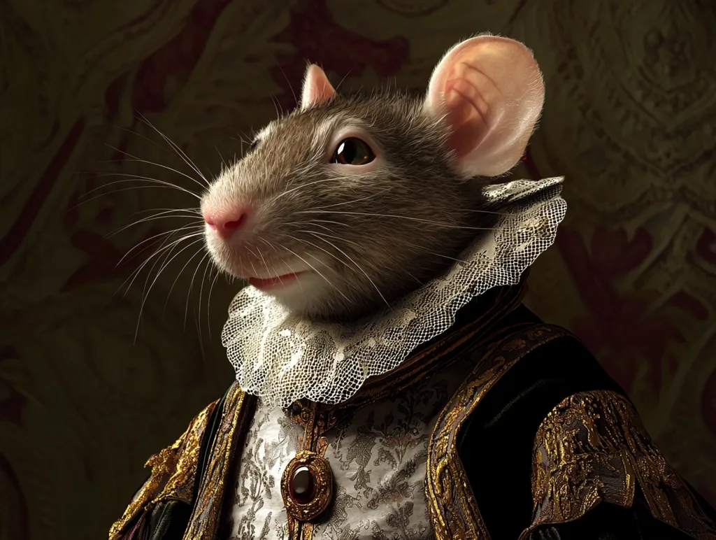 A digitally enhanced portrait showcases a rat adorned in a lavish, ornate Elizabethan-style collar and garment. The rat, with its expressive eyes and whiskers, is presented against a dark, textured backdrop. The image is reminiscent of classical portraiture, lending the rodent an air of regal dignity. The detailed clothing and the rat's pose combine to create a whimsical yet sophisticated artwork.