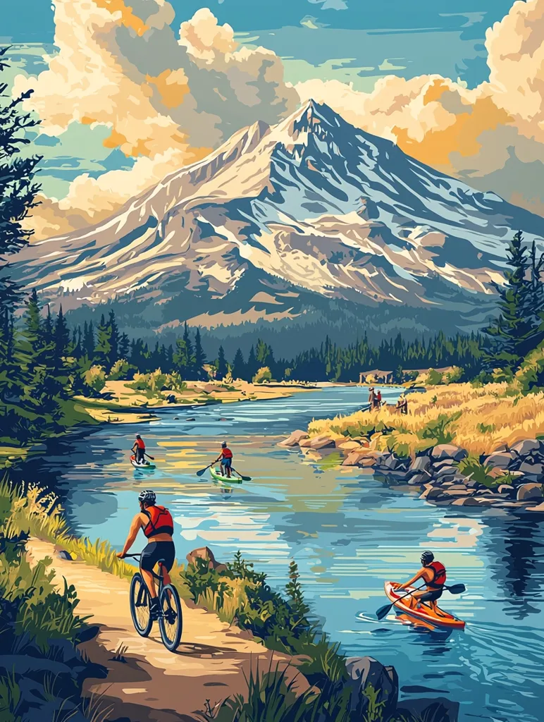 A cyclist rides along a scenic river path, with a majestic snow-capped mountain as a backdrop.  Several people are enjoying paddleboarding and kayaking on the calm water. Lush green vegetation lines the riverbanks, creating a picturesque summer landscape. The vibrant colors and artistic style evoke a sense of tranquility and adventure in nature.