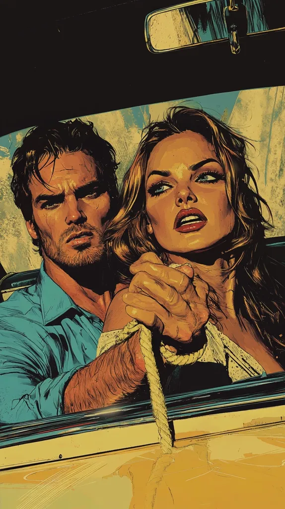 A stylized illustration depicts a man and woman inside a vintage car. The man, with dark hair and a serious expression, grips a rope tied around the woman's wrist.  She has long, light brown hair and striking features, her gaze intense. The overall style is reminiscent of classic pulp fiction art, with bold colors and dramatic lighting. The scene evokes a sense of tension and mystery.
