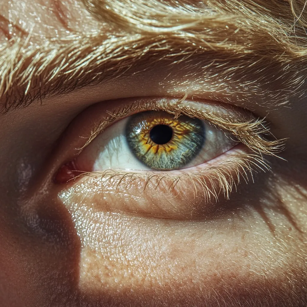 A close-up shot reveals a striking green eye, speckled with golden flecks around the pupil.  The fine, light-colored eyelashes and eyebrows, along with the sun-kissed skin, create a portrait of natural beauty. The texture of the skin is visible, highlighting the fine details of the eye and surrounding area. The overall impression is one of clarity and intensity.