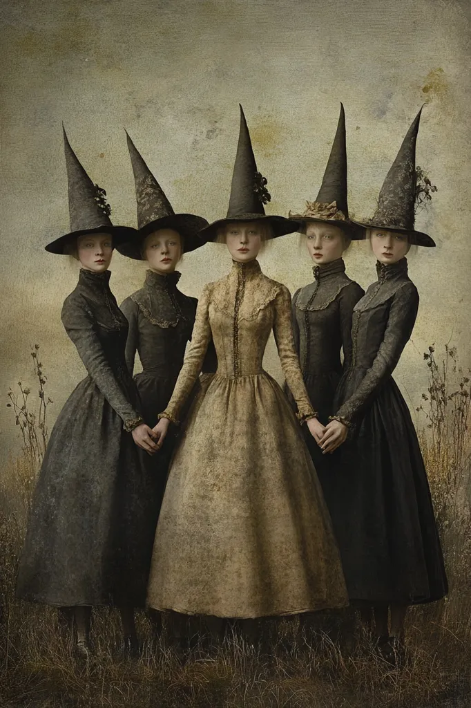 Five young women, dressed in antique-style gowns and pointed black witch hats, stand together in a field.  Their pale complexions and dark clothing contrast against the muted background. They hold hands, creating a sense of unity and shared purpose. The overall aesthetic is dark, romantic, and slightly eerie, evoking a feeling of mystery and folklore.  The image is richly textured, resembling an oil painting.