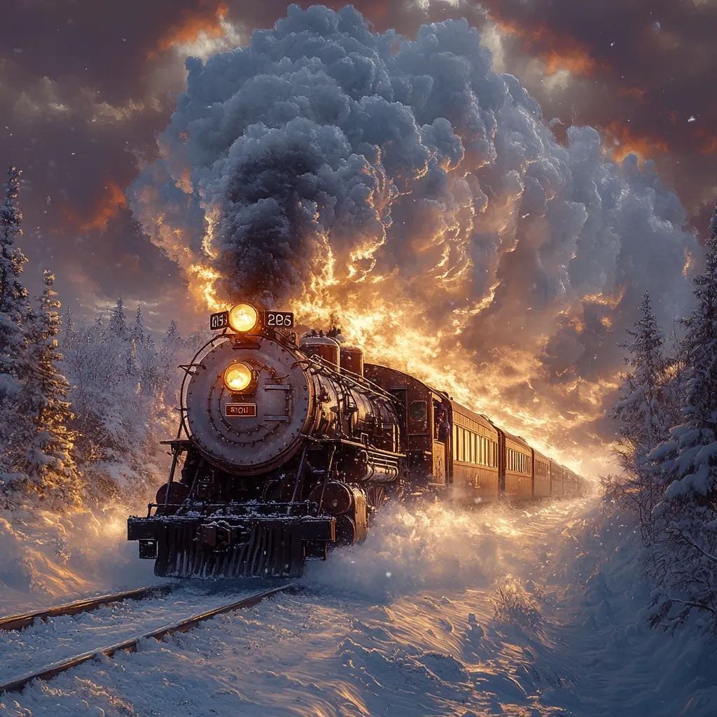 A majestic steam train, numbered 285, chugs through a snowy landscape at sunset.  Thick plumes of smoke and steam billow behind it, illuminated by the warm glow of the setting sun.  Snow-covered pine trees line the tracks, creating a picturesque winter scene.  The train's headlights pierce the swirling vapor, adding to the dramatic ambiance.