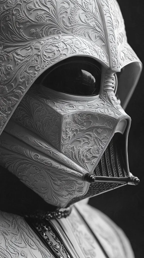 A striking monochrome close-up reveals a Darth Vader helmet, intricately adorned with an ornate, floral design. The detailed carvings contrast sharply with the helmet's imposing form, creating a juxtaposition of elegance and menace. The dark background emphasizes the helmet's intricate details and the texture of the metallic floral patterns.  The image suggests a reimagining of the iconic villain, presenting a refined and unexpected aesthetic.