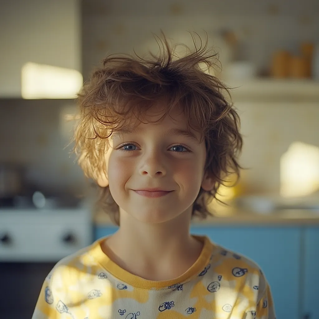 A young boy with tousled brown hair smiles gently at the camera.  He's wearing a pale yellow pajama top with a subtle pattern. The background is softly blurred, showing a kitchen setting bathed in warm, natural light. The overall mood is calm and peaceful, capturing a candid moment of childhood innocence.
