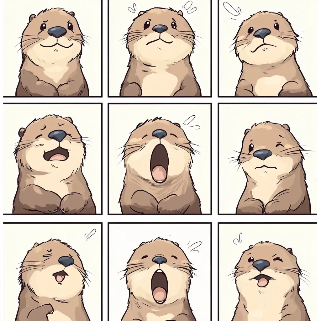 Nine illustrations depict a cartoon otter exhibiting various expressions.  The otter's emotions range from contentment and slight surprise to yawning and a hint of mischief. Each panel showcases the otter's expressive eyes and mouth, creating a charming and humorous series. The consistent style and simple background emphasize the otter's facial features.