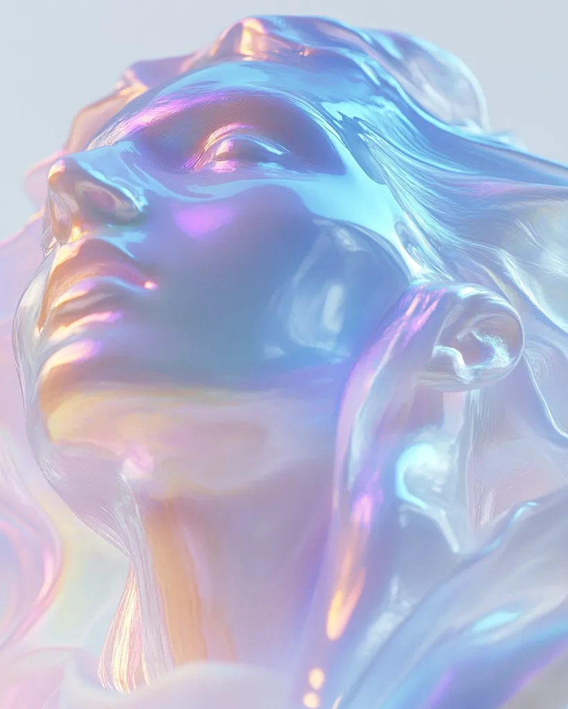 A close-up reveals a sculpted face, seemingly crafted from iridescent, pearlescent material. The smooth, flowing form captures and reflects light, creating a spectrum of pastel hues.  The head is tilted upward, and the texture appears fluid and almost liquid in its sheen. The overall effect is dreamlike and ethereal.