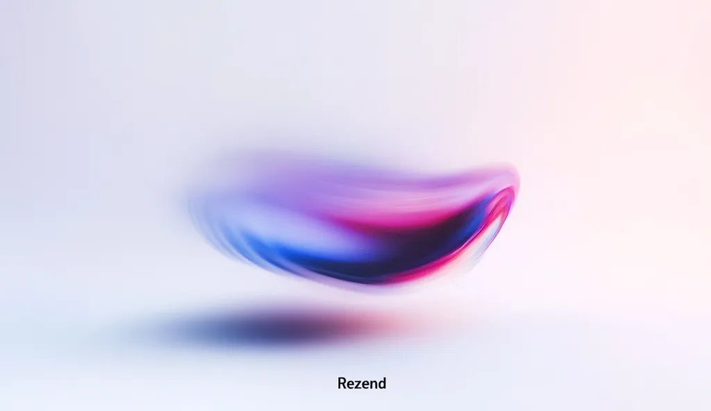 An abstract image features a blurred, flowing form resembling a wave or droplet.  The colors shift from cool blues at the edges to warmer pinks and purples in the center.  The form appears to be in motion, creating a sense of fluidity and dynamism against a bright, minimalist white background.  The word "Rezend" is subtly placed at the bottom.