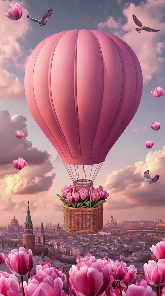 A pastel pink hot air balloon, adorned with a basket of pink tulips, floats serenely above a cityscape.  Pink tulips are scattered throughout the scene, both in the air and in a field below.  Birds fly in the cloudy sky, adding to the whimsical, dreamlike atmosphere. The city's architecture is visible in the background, creating a picturesque contrast with the balloon's ethereal beauty.