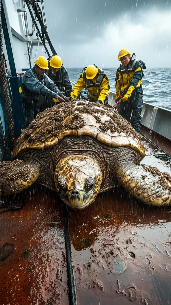 Four scientists in yellow hard hats carefully tend to a massive sea turtle aboard a research vessel in stormy seas.  The turtle's shell is covered in barnacles.  Rain lashes down as the crew works to examine and likely treat the magnificent creature. The scene depicts marine conservation efforts at sea under challenging conditions.