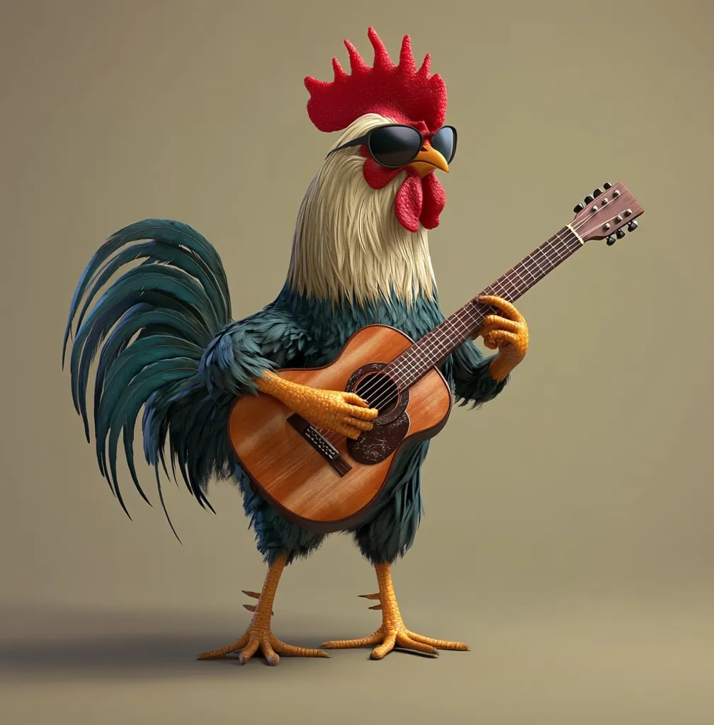 A cool rooster, sporting sunglasses, strums a wooden acoustic guitar.  Its vibrant plumage is a mix of teal and white, contrasting with the reddish comb and wattle. The rooster is depicted in a 3D-rendered style, appearing realistically textured and detailed against a muted, neutral background.  The scene is humorous and quirky, conveying a sense of unexpected musical talent.