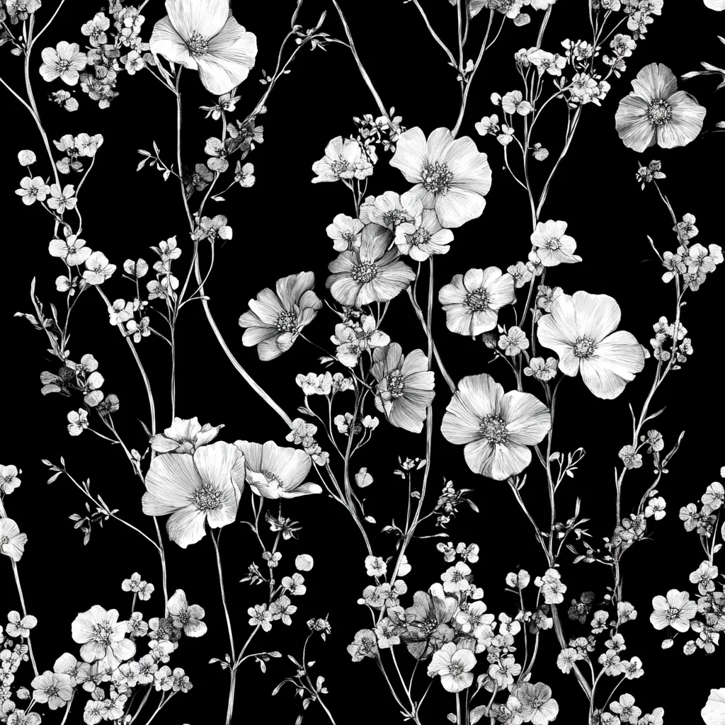 A monochrome floral pattern showcases meticulously drawn flowers and delicate foliage against a stark black backdrop.  The design features large, detailed blossoms interspersed with smaller, clustered blooms, creating a sense of depth and movement.  The grayscale palette enhances the intricate detailing of each petal and leaf, resulting in a sophisticated and elegant botanical print.