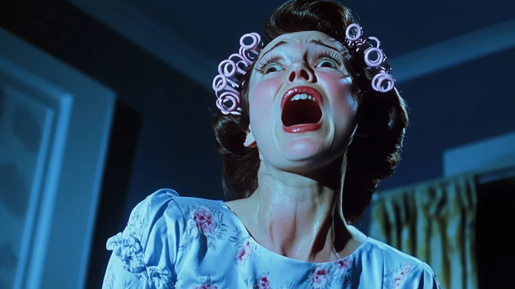 A woman with hair rollers screams, her mouth wide open in terror.  She wears a light blue floral dress and her neck is glistening with sweat.  The background is dark and blurry, suggesting a dimly lit room. The overall mood is one of intense fear and suspense.