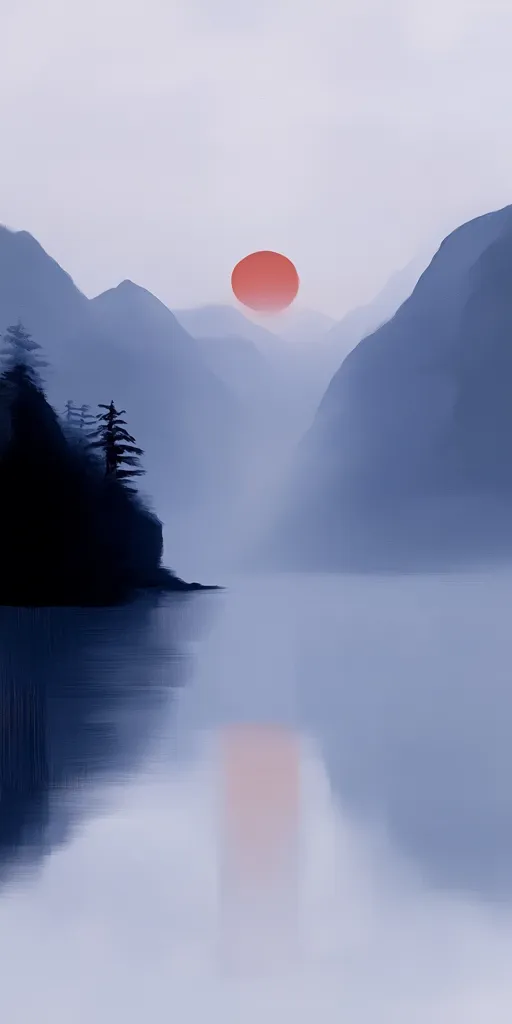 A serene landscape painting depicts a large, reddish-orange sun setting behind hazy, bluish-grey mountains.  A calm body of water reflects the scene, creating a mirrored effect.  Dark silhouettes of evergreen trees are nestled on a rocky outcrop at the water's edge on the left. The overall impression is one of tranquil beauty and atmospheric perspective.