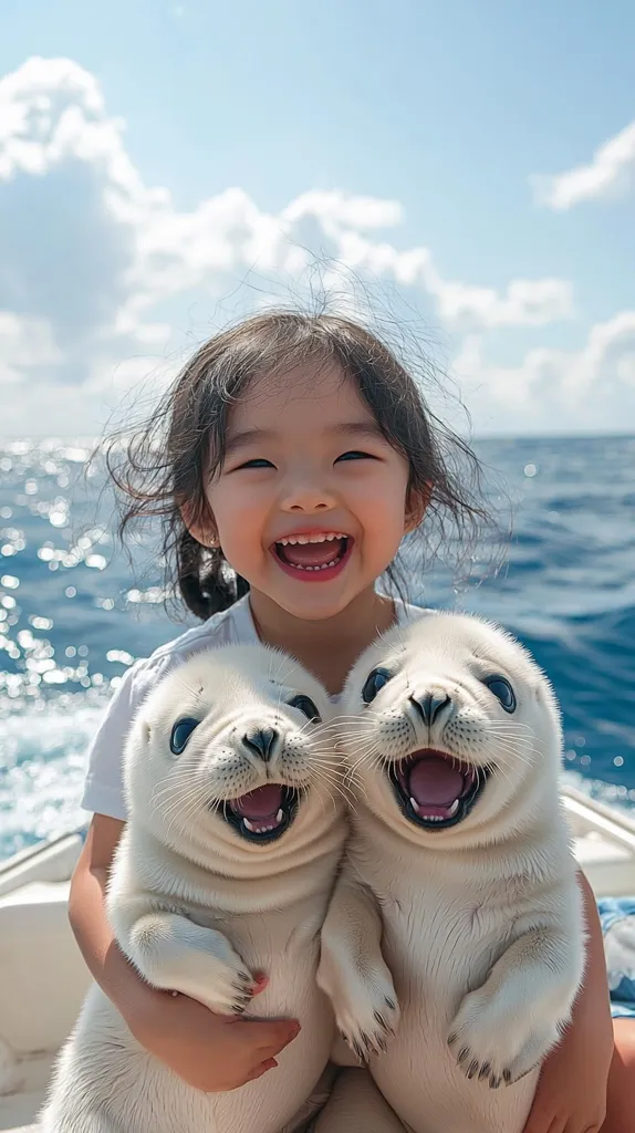 A joyful young girl beams with delight as she cradles two adorable white seal pups on a boat.  The seals, with their wide, expressive eyes and open mouths, mirror her happiness.  The ocean stretches out behind them under a bright, partly cloudy sky, creating a picturesque and heartwarming scene.