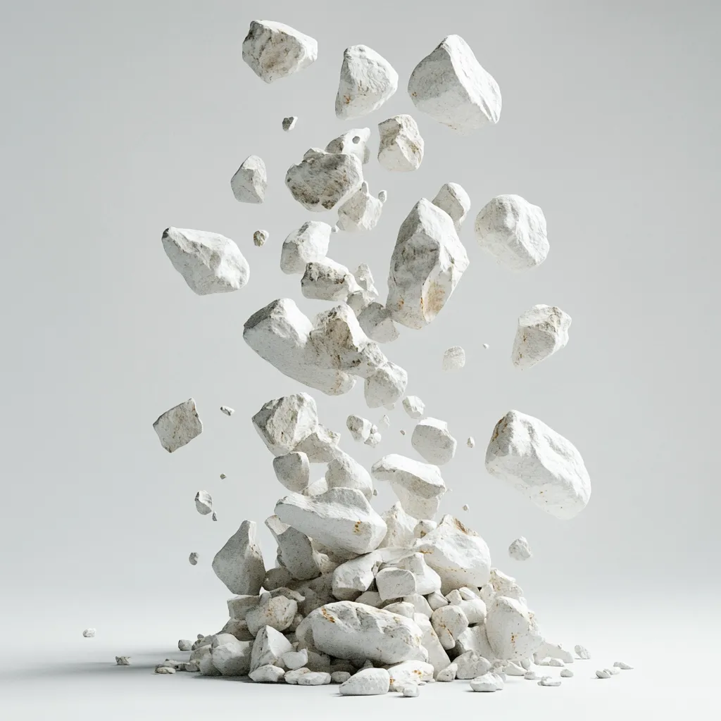 Numerous off-white rocks of varying sizes are depicted against a light gray backdrop.  The rocks appear to be in motion, some falling towards a pile accumulating on the ground, creating a dynamic, almost explosive effect. The overall aesthetic is minimalist and abstract, with a focus on the texture and movement of the rocks.  The image suggests a sense of disintegration or fragmentation.