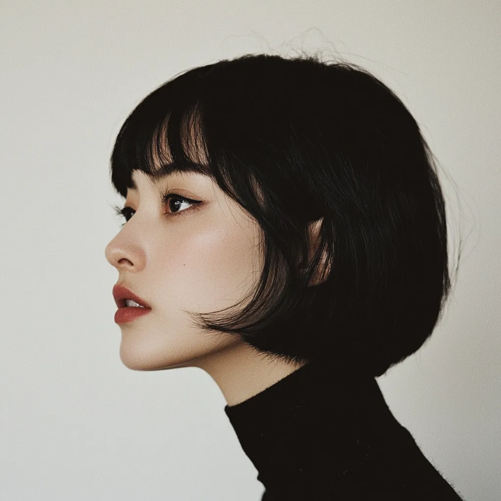 A young woman with a sharp profile is shown, her dark bob haircut framing her face.  Her bangs are straight and blunt, complementing her delicate features.  She's wearing a simple black turtleneck, and her expression is serene, looking off to the side. The minimalist backdrop accentuates her beauty and the clean lines of her hairstyle.  Her makeup is subtle and natural, enhancing her complexion.