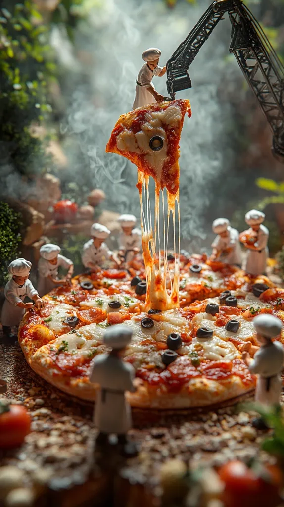 Miniature chefs surround a large, delicious pizza.  A tiny crane lifts a cheesy slice, adding to the whimsical scene.  The pizza is generously topped with melted mozzarella, olives, and herbs. The overall setting is a fantastical miniature world, with a moody, smoky atmosphere. The image is highly detailed and creatively captures a playful culinary concept.