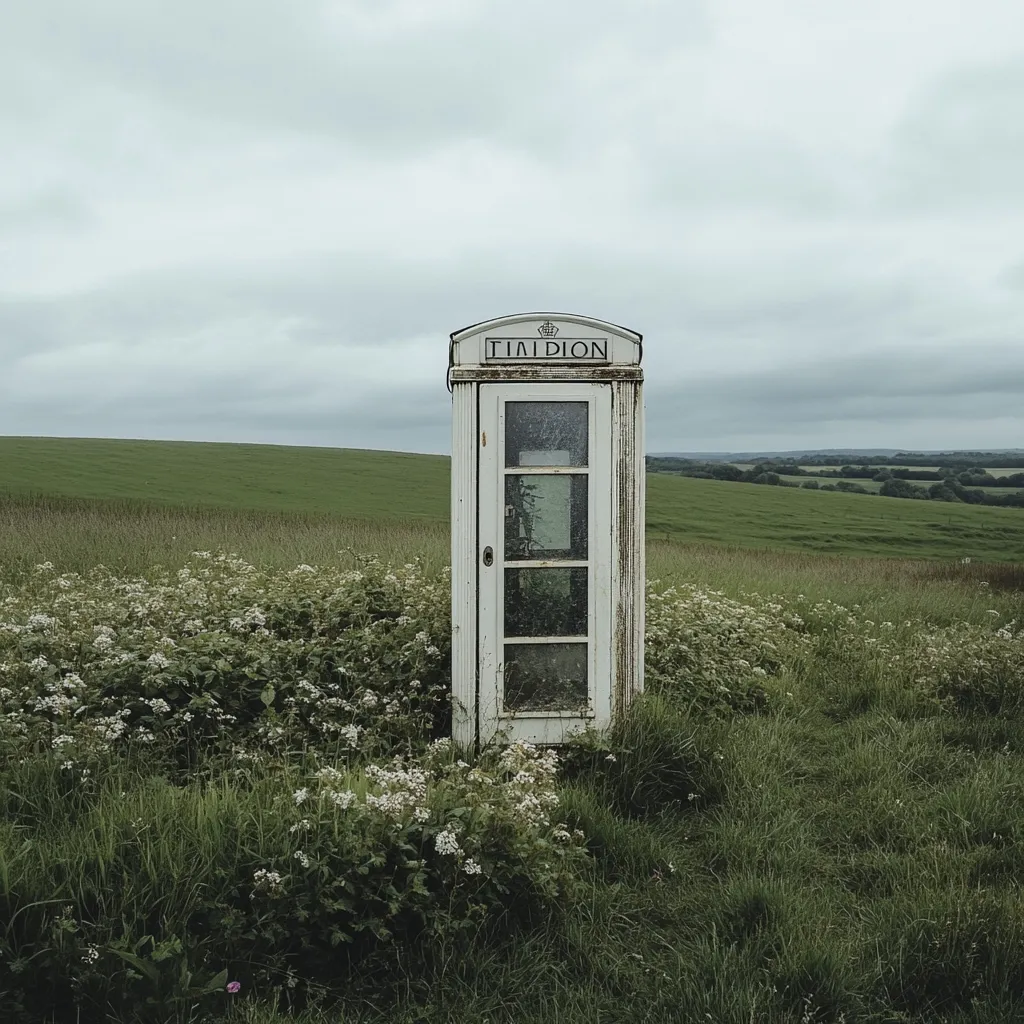A weathered white telephone booth, labeled "TIMDION," stands alone in a field of tall grass and wildflowers. The overcast sky provides a muted backdrop to the serene countryside landscape. The booth shows signs of age and disuse, its glass panes dusty and its paint chipped.  The scene evokes a sense of quiet solitude and forgotten history.