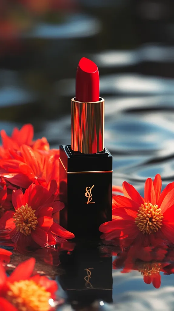 A tube of Yves Saint Laurent red lipstick sits amidst vibrant red flowers on a dark, reflective surface.  The lipstick's gold and black casing contrasts beautifully with the rich color of the blossoms and its reflection in the water. The scene is a study in rich textures and complementary colors, creating a luxurious and evocative image.