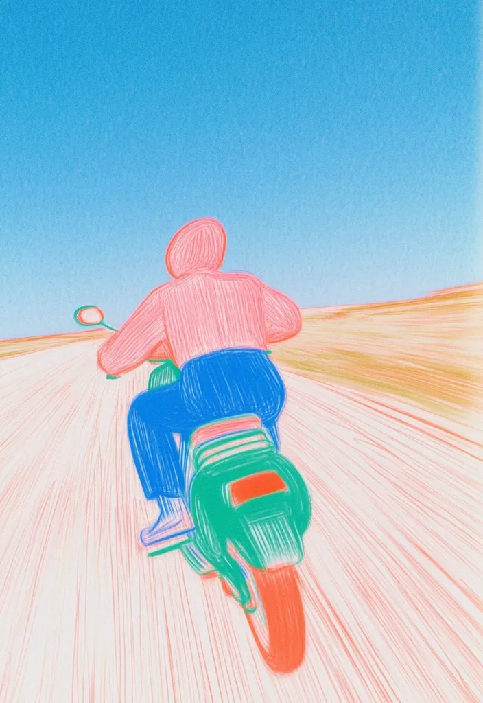 A stylized illustration depicts a person riding a motorcycle away from the viewer. The artwork uses bold, colored lines to create the figures and background. The sky is a vibrant blue, contrasting with the sandy colored landscape. The motorcycle and rider are rendered in bright pink, blue, and green hues, creating a dynamic and playful atmosphere.  The lines emanating from the motorcycle suggest movement and speed.