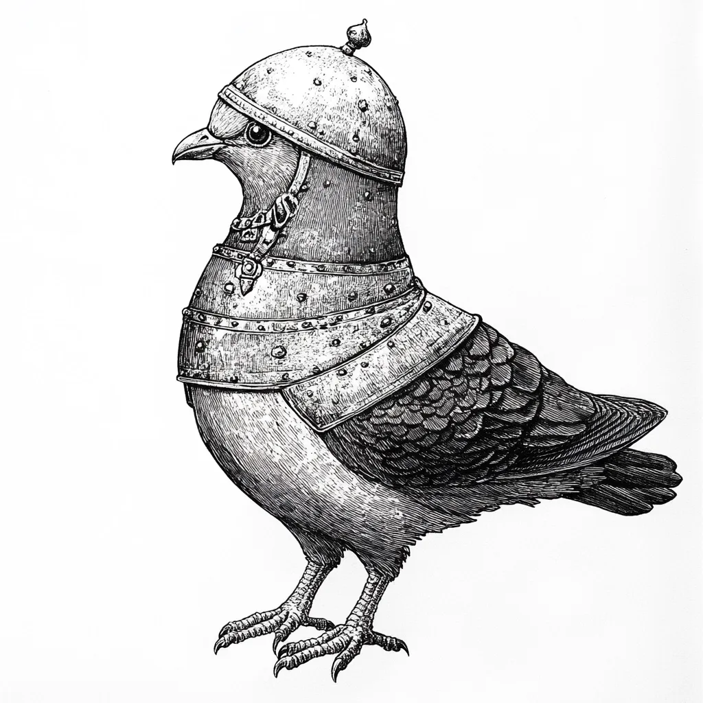 A detailed ink drawing depicts a pigeon clad in medieval-style armor.  The bird wears a helmet with a pointed top and a cuirass covering its chest and shoulders.  The armor is intricately detailed, showcasing rivets and textures. The pigeon stands in profile, its sharp talons visible, presenting a striking juxtaposition of delicate bird and robust metal. The style is reminiscent of a vintage engraving or illustration.
