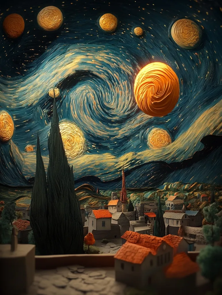 A miniature village sits before a meticulously crafted recreation of Van Gogh's "The Starry Night."  The swirling night sky, rendered in textured paint-like strokes, features large, luminous, golden planets.  The village, with its small, orange-roofed houses, is nestled in a verdant valley, creating a surreal juxtaposition of the earthly and celestial.  The overall effect is a dreamy, artistic blend of reality and imagination.