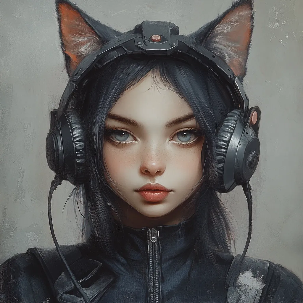 A digital painting of a young woman with dark hair and cat ears attached to her headphones. She has light skin, large eyes, and a serious expression. Her attire suggests a futuristic or cyberpunk setting. The overall style is a blend of realism and anime aesthetics, creating a striking and detailed image.