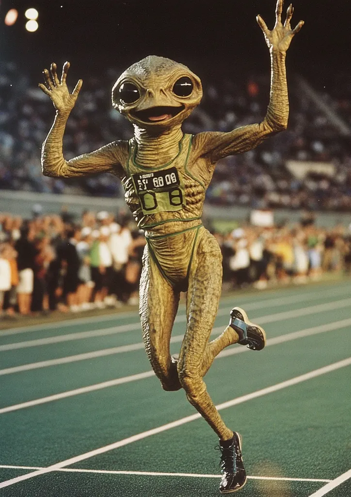 An alien, resembling a reptilian humanoid, wearing a running uniform, joyfully leaps across a running track.  Its large eyes and toothy grin are prominent features.  The number "08" is visible on its bib.  A blurred crowd watches from the sidelines, creating a dynamic action shot.  The scene suggests an athletic competition, possibly a race.