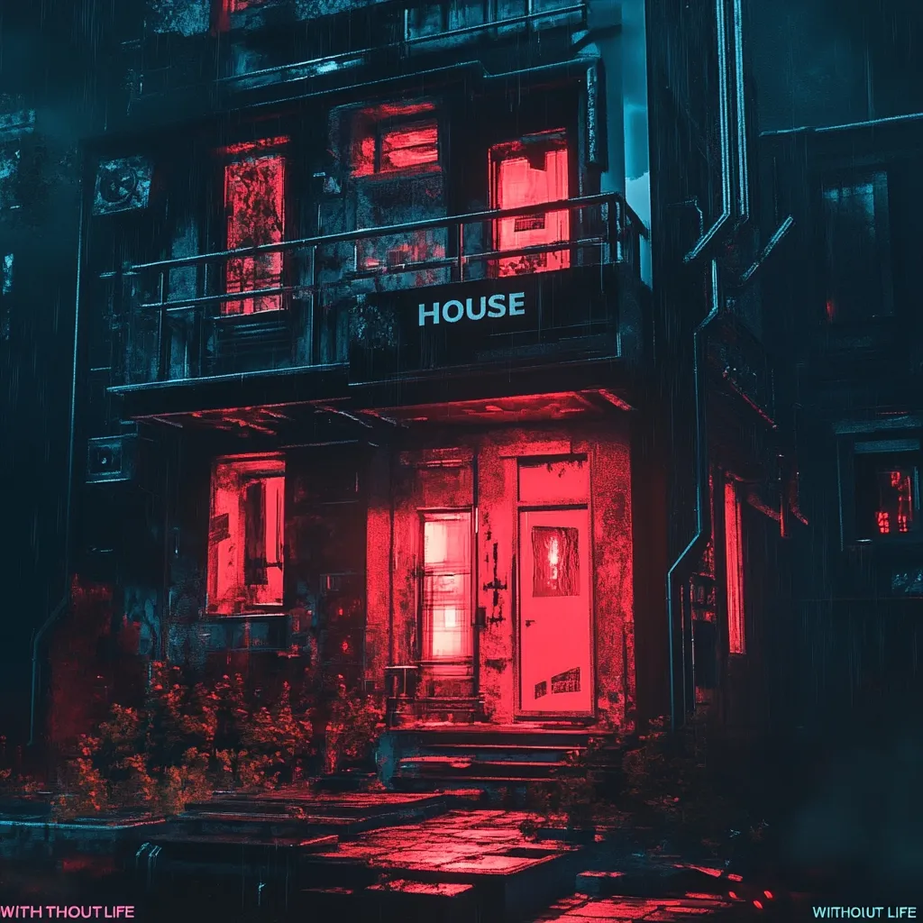A digital illustration depicts a dimly lit, rain-soaked building at night.  The building, labeled "HOUSE," is bathed in an eerie red glow emanating from its interior.  The windows and doorways are illuminated, creating a stark contrast against the dark, grunge-style architecture.  Overgrown vegetation hints at neglect, adding to the unsettling atmosphere.  The overall mood is dark, mysterious, and slightly dystopian.
