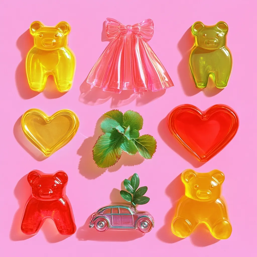 A vibrant pink background showcases translucent gummy candies shaped like bears and hearts, alongside a miniature car adorned with greenery.  A pink jelly dress with a bow adds a playful touch.  The arrangement is symmetrical and playful, suggesting a whimsical, candy-themed aesthetic.  The bright colors and shadows create a cheerful and eye-catching composition.